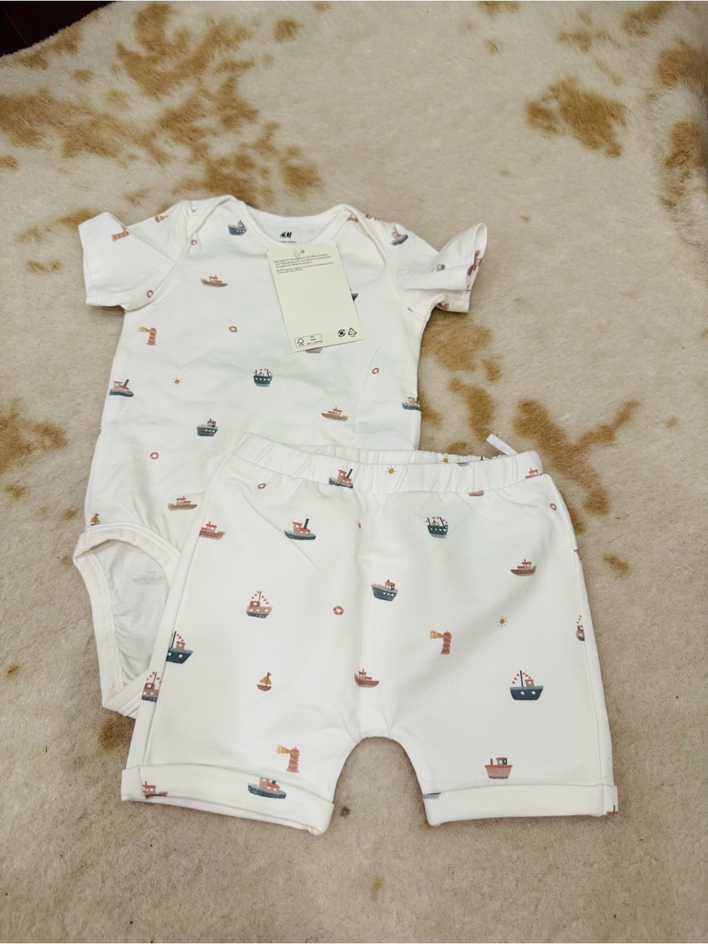 H&M White Baby Matching Set with Navy and Rust Boat Print